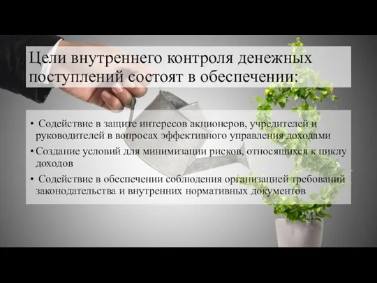 Цели внутреннего контроля денежных поступлений состоят в обеспечении: Содействие в защите интересов акционеров,