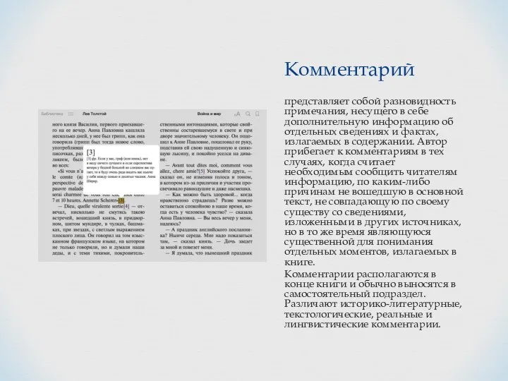 Комментарий представляет собой разновидность примечания, несущего в себе дополнительную информацию об отдельных сведениях