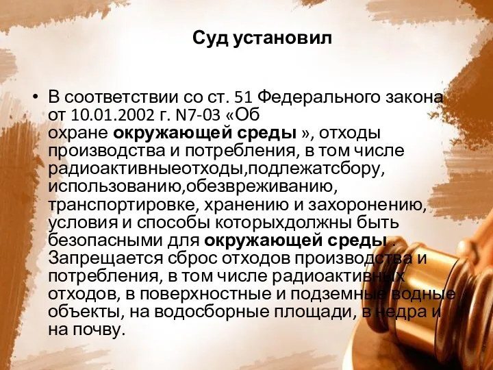 Суд установил В соответствии со ст. 51 Федерального закона от 10.01.2002 г. N7-03