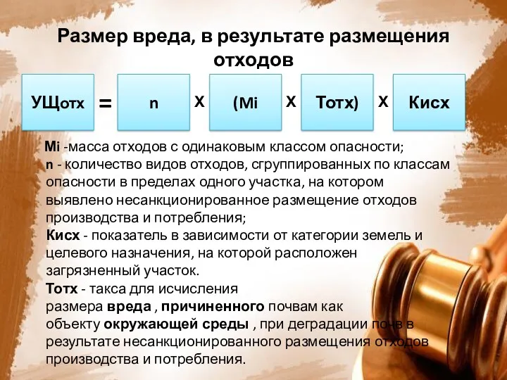 Размер вреда, в результате размещения отходов Мi -масса отходов с