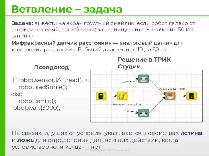 Ветвление – задача Псевдокод if (robot.sensor.[A1].read() > 50) robot.sadSmile(); else