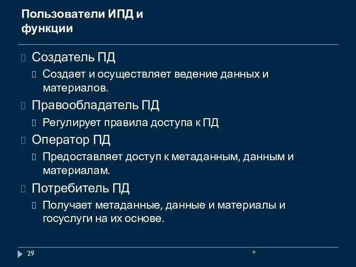 Пользователи ИПД и функции Создатель ПД Создает и осуществляет ведение