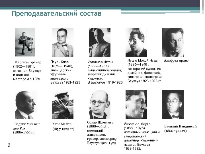 Преподавательский состав Марсель Брейер (1902—1981), закончил Баухауз и стал его