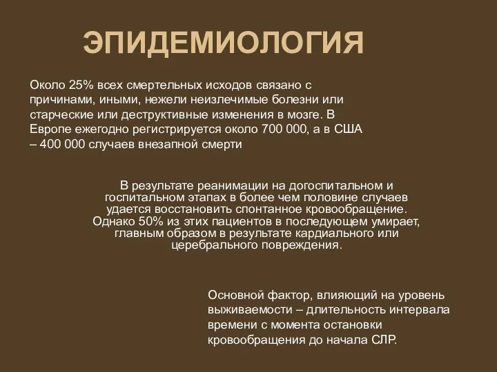 ЭПИДЕМИОЛОГИЯ В результате реанимации на догоспитальном и госпитальном этапах в