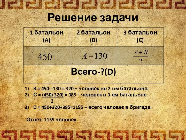 Решение задачи B = 450 - 130 = 320 –