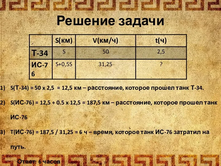 Решение задачи S(Т-34) = 50 x 2,5 = 12,5 км