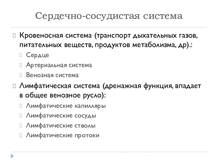 Сердечно-сосудистая система Кровеносная система (транспорт дыхательных газов, питательных веществ, продуктов