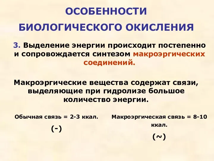 ОСОБЕННОСТИ БИОЛОГИЧЕСКОГО ОКИСЛЕНИЯ 3. Выделение энергии происходит постепенно и сопровождается