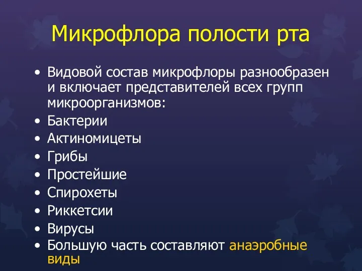 Микрофлора полости рта Видовой состав микрофлоры разнообразен и включает представителей