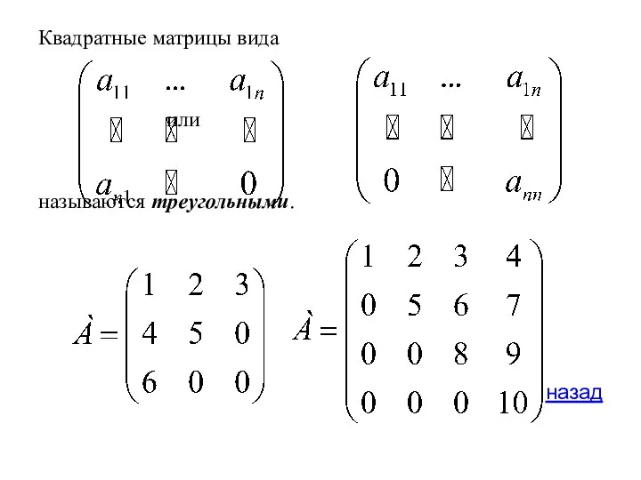 Квадратные матрицы вида или называются треугольными. назад