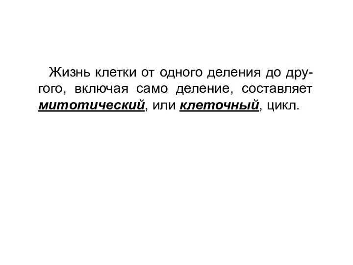 Жизнь клетки от одного деления до дру-гого, включая само деление, составляет митотический, или клеточный, цикл.