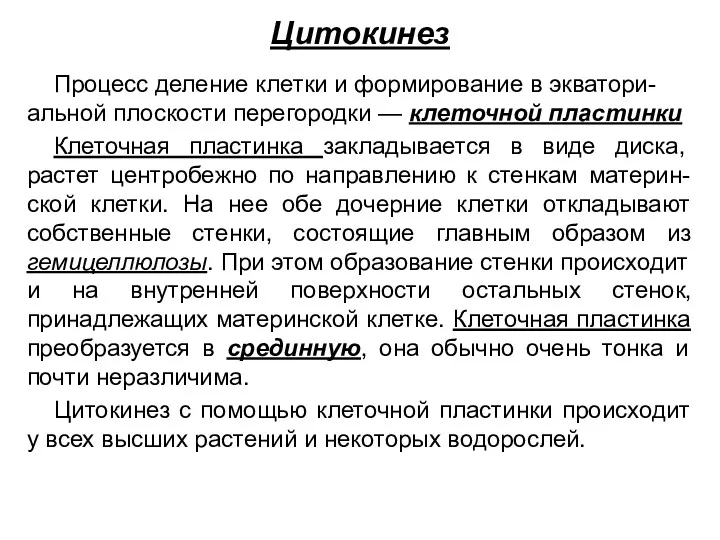 Цитокинез Процесс деление клетки и формирование в экватори-альной плоскости перегородки