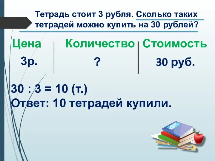 Тетрадь стоит 3 рубля. Сколько таких тетрадей можно купить на