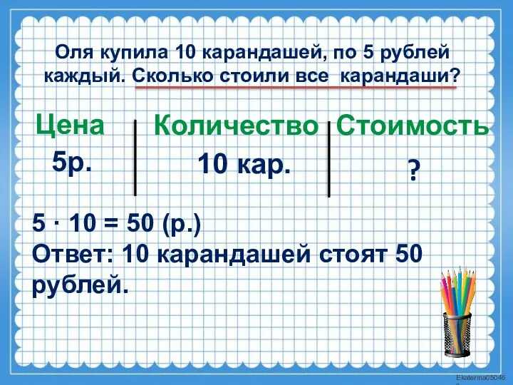 Оля купила 10 карандашей, по 5 рублей каждый. Сколько стоили