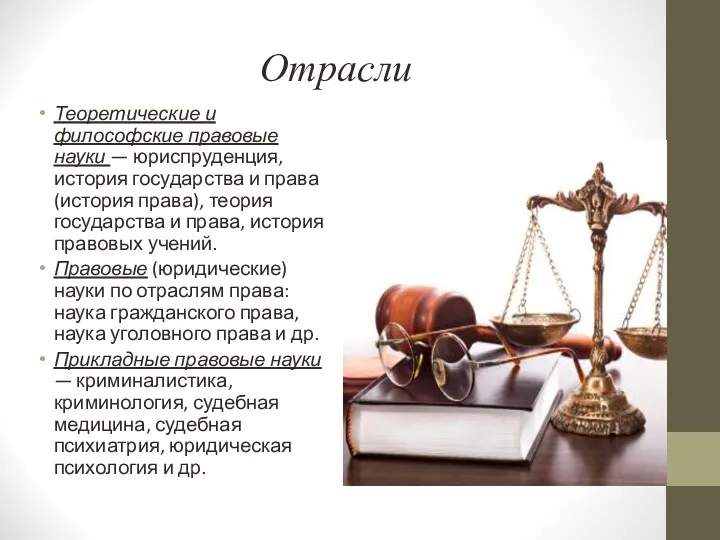 Отрасли Теоретические и философские правовые науки — юриспруденция, история государства