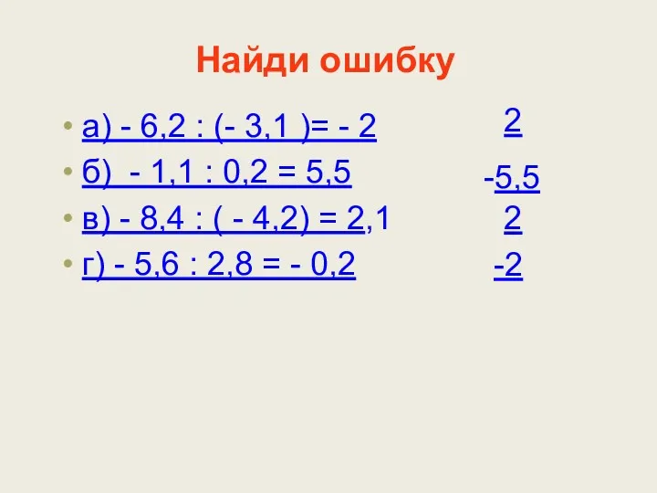 Найди ошибку а) - 6,2 : (- 3,1 )= -