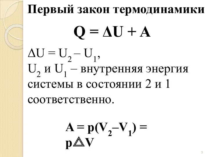 Первый закон термодинамики Q = ΔU + A ΔU =