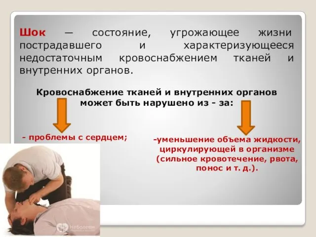 Шок — состояние, угрожающее жизни пострадавшего и характеризующееся недостаточным кровоснабжением