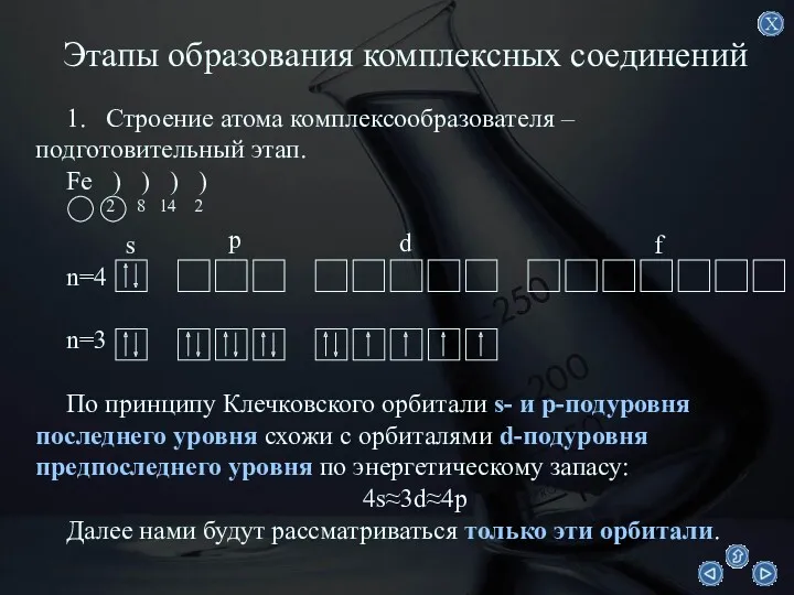 Этапы образования комплексных соединений 1. Строение атома комплексообразователя – подготовительный