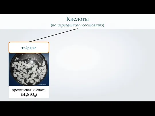 Кислоты (по агрегатному состоянию) твёрдые кремниевая кислота (H2SiO3) Майя Пчёлка