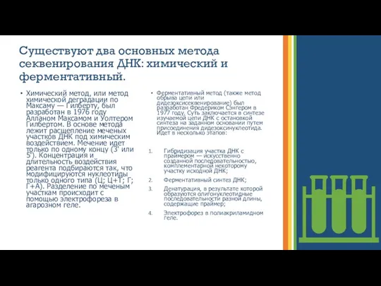 Существуют два основных метода секвенирования ДНК: химический и ферментативный. Химический