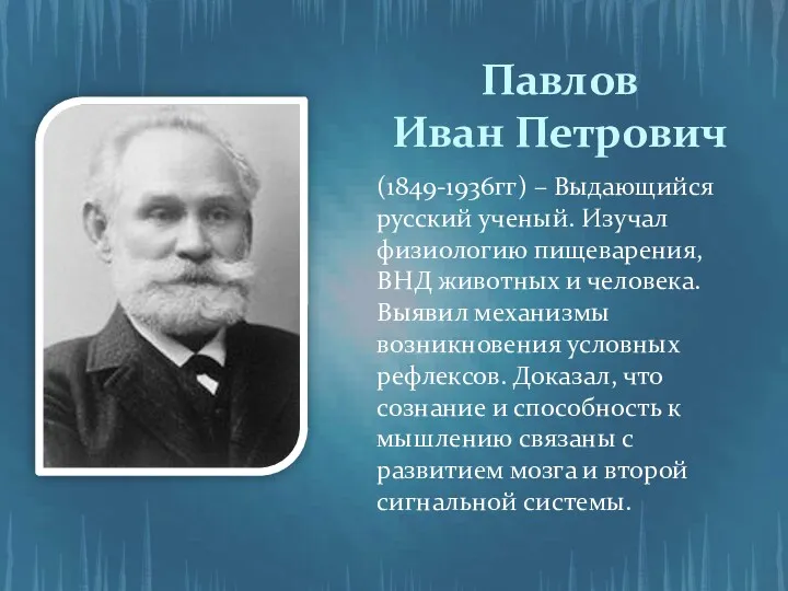 Павлов Иван Петрович (1849-1936гг) – Выдающийся русский ученый. Изучал физиологию