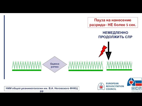 НЕМЕДЛЕННО ПРОДОЛЖИТЬ СЛР Пауза на нанесение разряда– НЕ более 5