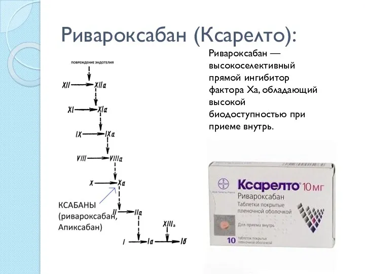 Ривароксабан (Ксарелто): Ривароксабан — высокоселективный прямой ингибитор фактора Ха, обладающий высокой биодоступностью при приеме внутрь.