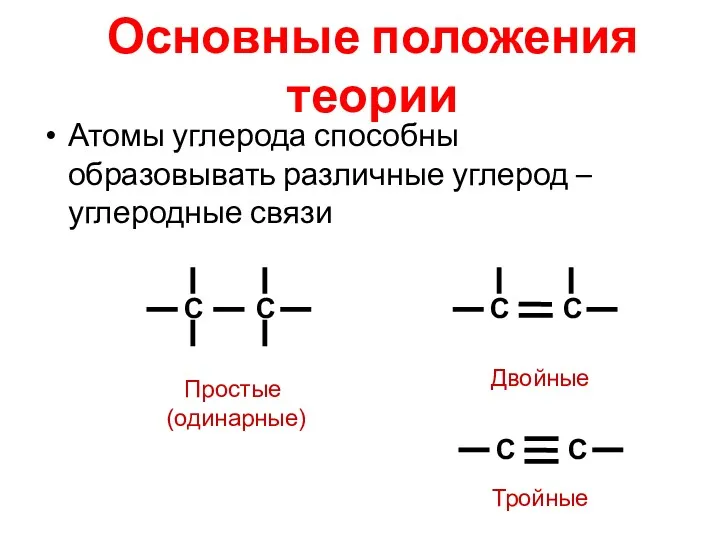 Атомы углерода способны образовывать различные углерод – углеродные связи Простые (одинарные) Двойные Тройные Основные положения теории