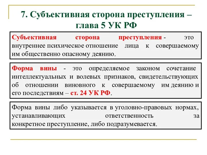 7. Субъективная сторона преступления – глава 5 УК РФ Субъективная