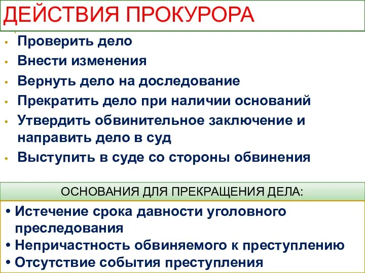 ДЕЙСТВИЯ ПРОКУРОРА Проверить дело Внести изменения Вернуть дело на доследование