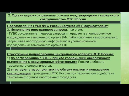 Подразделения ГУБК ФТС России (служба «М») осуществляют: 3. Исполнение иностранного