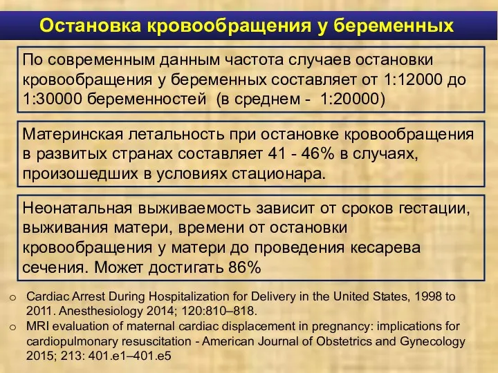 По современным данным частота случаев остановки кровообращения у беременных составляет