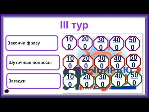 III тур Закончи фразу Шуточные вопросы Загадки 100 500 400