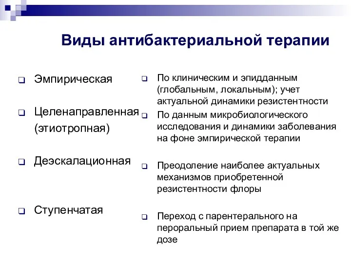 Виды антибактериальной терапии Эмпирическая Целенаправленная (этиотропная) Деэскалационная Ступенчатая По клиническим