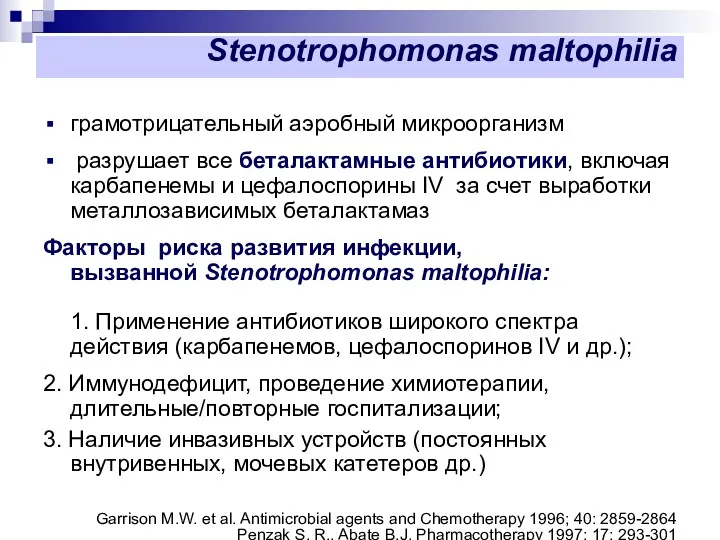 Stenotrophomonas maltophilia грамотрицательный аэробный микроорганизм разрушает все беталактамные антибиотики, включая