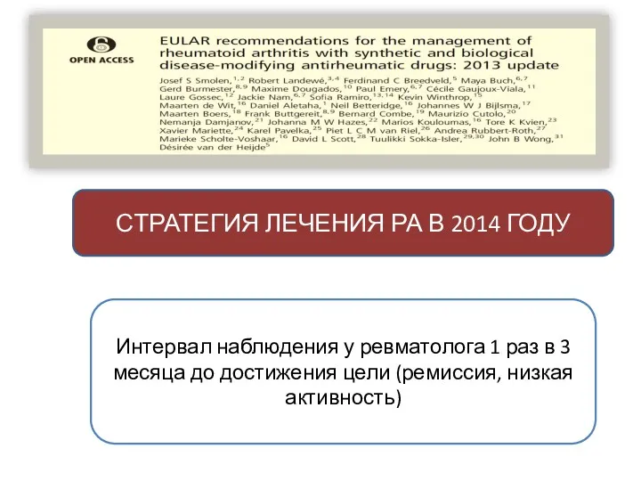 СТРАТЕГИЯ ЛЕЧЕНИЯ РА В 2014 ГОДУ Интервал наблюдения у ревматолога