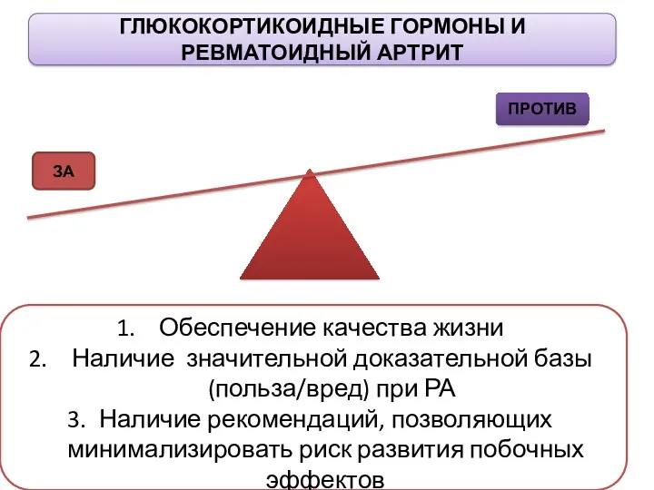 ГЛЮКОКОРТИКОИДНЫЕ ГОРМОНЫ И РЕВМАТОИДНЫЙ АРТРИТ ЗА ПРОТИВ Обеспечение качества жизни