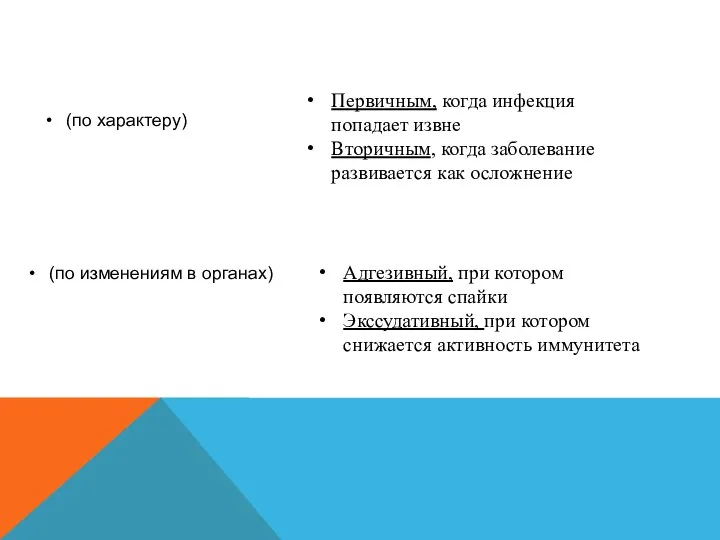 (по характеру) Первичным, когда инфекция попадает извне Вторичным, когда заболевание