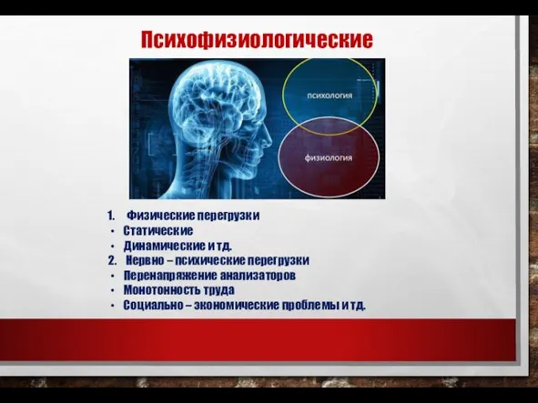 Психофизиологические Физические перегрузки Статические Динамические и тд. 2. Нервно –