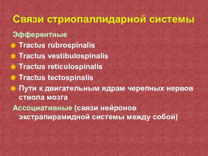 Эфферентные Tractus rubrospinalis Tractus vestibulospinalis Tractus reticulospinalis Tractus tectospinalis Пути
