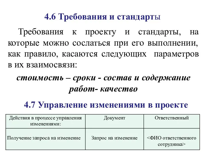 4.6 Требования и стандарты Требования к проекту и стандарты, на