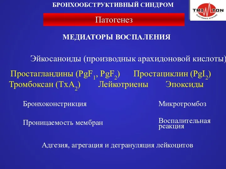 Патогенез БРОНХООБСТРУКТИВНЫЙ СИНДРОМ МЕДИАТОРЫ ВОСПАЛЕНИЯ Эйкосаноиды (производнык арахидоновой кислоты) Простагландины