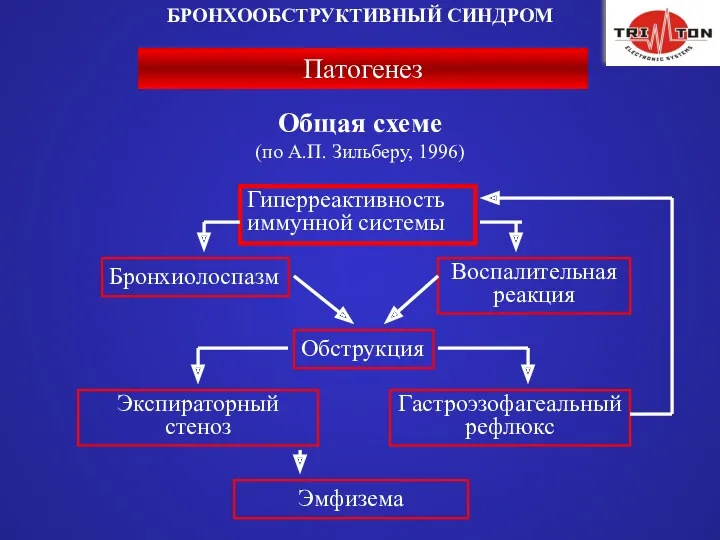 Патогенез БРОНХООБСТРУКТИВНЫЙ СИНДРОМ Общая схеме (по А.П. Зильберу, 1996) Бронхиолоспазм Воспалительная реакция Гиперреактивность