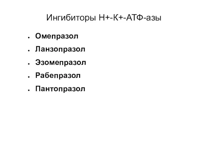 Ингибиторы Н+-К+-АТФ-азы Омепразол Ланзопразол Эзомепразол Рабепразол Пантопразол