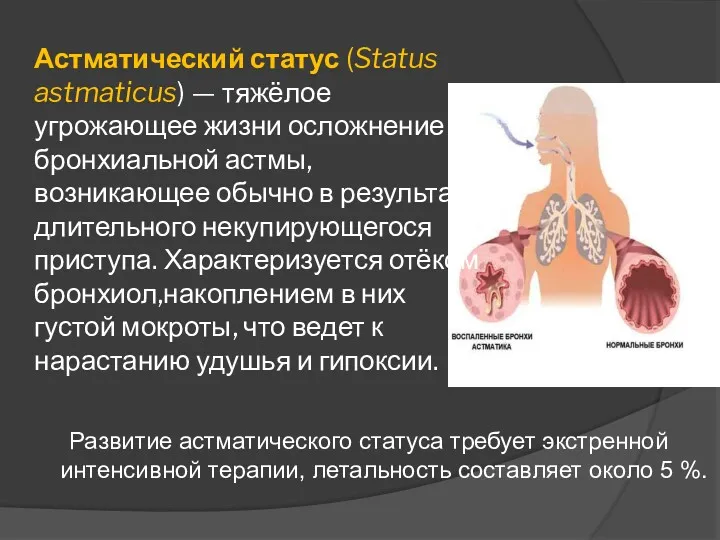 Астматический статус (Status astmaticus) — тяжёлое угрожающее жизни осложнение бронхиальной