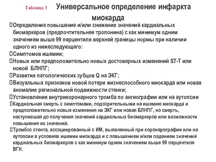 Таблица 3 Универсальное определение инфаркта миокарда Определение повышение и/или снижения