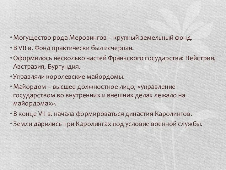 Могущество рода Меровингов – крупный земельный фонд. В VII в.