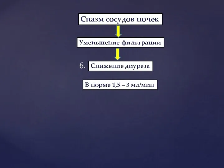 Спазм сосудов почек Уменьшение фильтрации Снижение диуреза В норме 1,5 – 3 мл/мин 6.