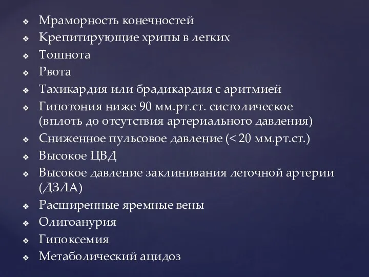 Мраморность конечностей Крепитирующие хрипы в легких Тошнота Рвота Тахикардия или